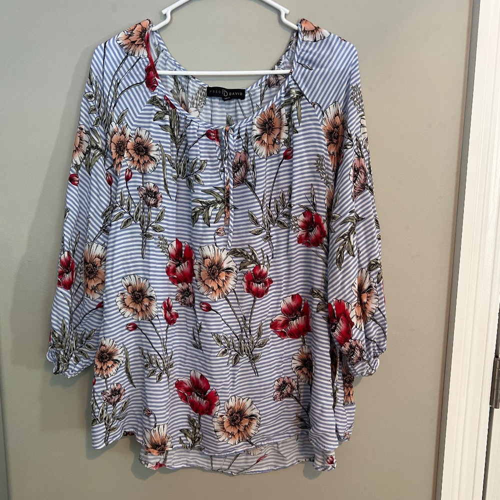 Women’s Fred Davis Plus Floral Blouse 2X Blue/White/Pink EUC